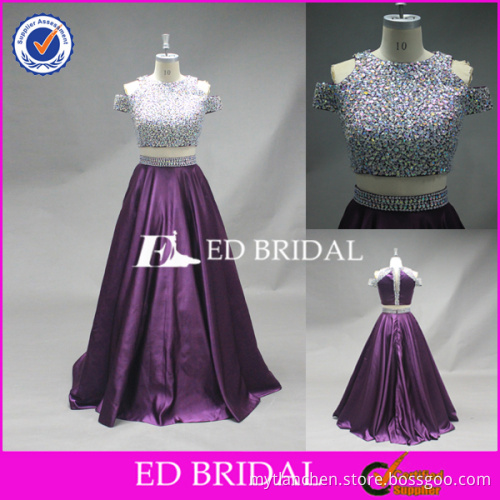 Real Sale Cap Sleeve 2 Pieces Satin Fabric Heavy Beading Purple Prom Dress